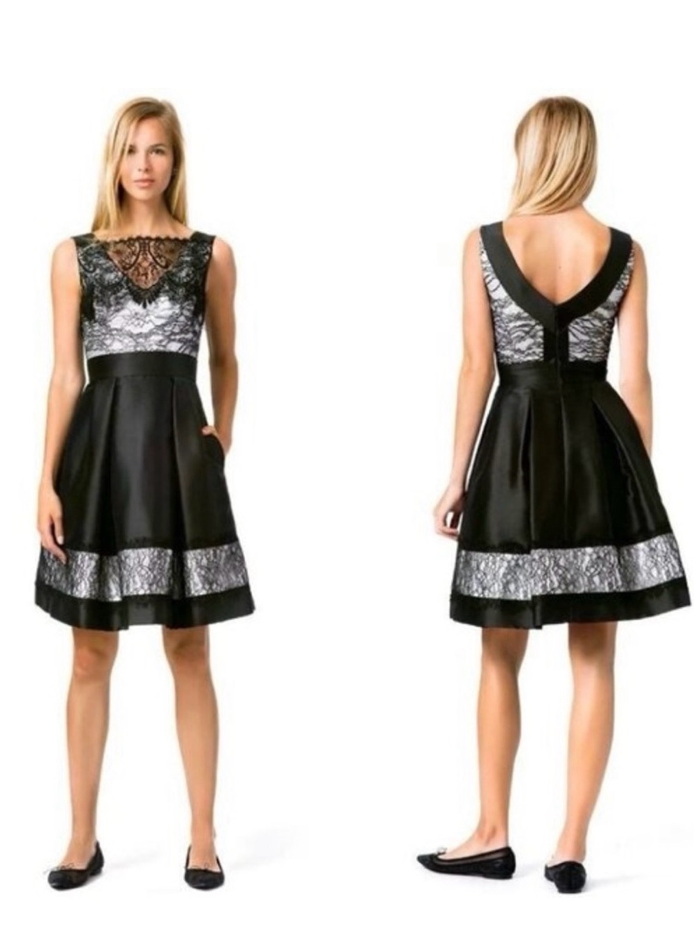 Theia Black and Silver Lace-Trim Midi Cocktail Dress